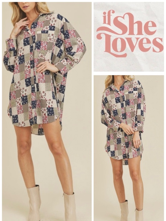If She Loves Dresses & Skirts - If She Loves "Be Faithful" Oversized Patchwork Shirt Dress Tunic